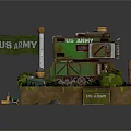 Cartoon Scene Featuring US Army Tank with Flag Wooden Crates Plants and Fences