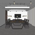 Modern Conference Room Interior With Long Wooden Table Black Chairs Skylight Ceiling And Large Windows
