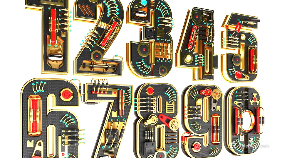 Decorative Ornaments Set Featuring Numbers Mechanical Gears Circuit Board Details Industrial Tech Style 3d model 