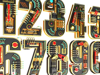 Decorative Ornaments Set Featuring Numbers Mechanical Gears Circuit Board Details Industrial Tech Style 3d model