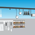 Organized Kitchen Storage With Hanging Spice Jars And Utensils On Rack 3d model
