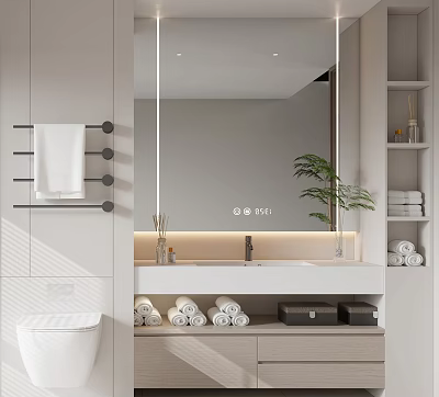 Modern Bathroom Vanity Design With Illuminated Mirror Sink Towel Rack Rolled Towels And Potted Plant 3d model