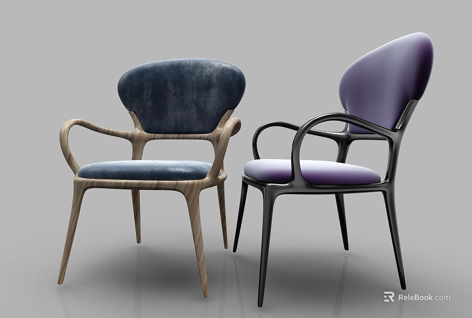 Modern Accent Chairs Set of Two with Dark Blue Purple Upholstery Wooden Black Metal Frames 3d model 