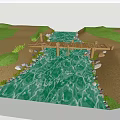 Scenic Wooden Landscape Bridge Over Stream With Grass Sandy Area And Stones