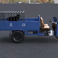 Blue Three Wheel Motorcycle With Open Cargo Bed Railings Headlights And Driver Seat