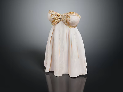 Elegant White Strapless Dress With Gold Bow Accents And Pleated Skirt 3d model