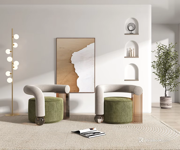 Elegant Green Armchairs In Modern Living Room With Curved Armrests Decorative Painting And Potted Plant 3d model 