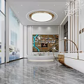 Elegant Marketing Center Interior Design With Chandeliers Reception Desk And Display Shelves