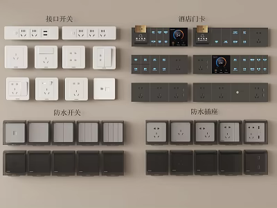 Various Switch Panels Including Push Open Hotel Door Card Waterproof Switches and Sockets 3d model
