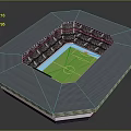 Football Stadium 3D Model Featuring Green Field And Blue Roof Seating Areas