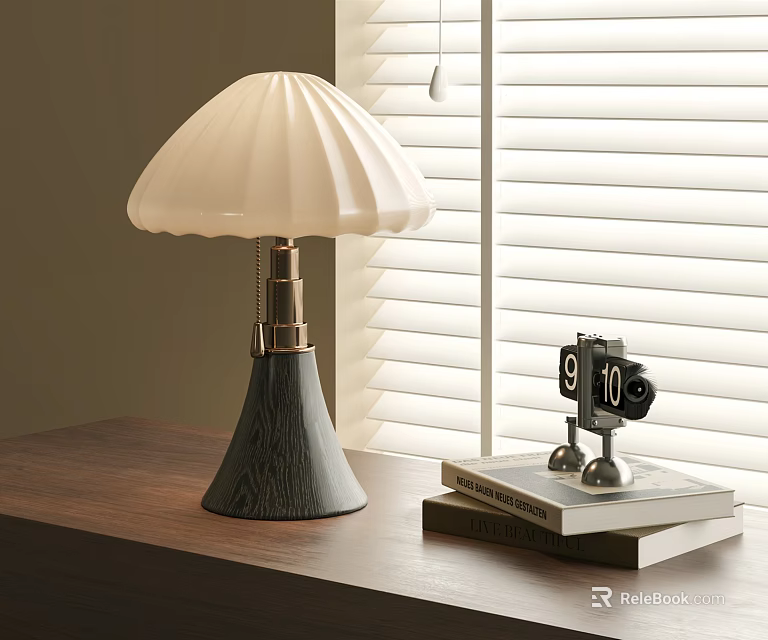Pleated Lampshade Gray Wooden Base Table Lamp on Desk with Camera Clock and Window Blinds 3d model 