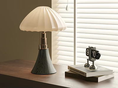 Pleated Lampshade Gray Wooden Base Table Lamp on Desk with Camera Clock and Window Blinds 3d model