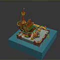 Ornate Decorative Ship Model Scene With Golden Mast Deck And Blue Platform