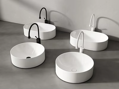 Modern White Ceramic Washbasins with Black and White Faucets in Minimalist Bathroom Design 3d model