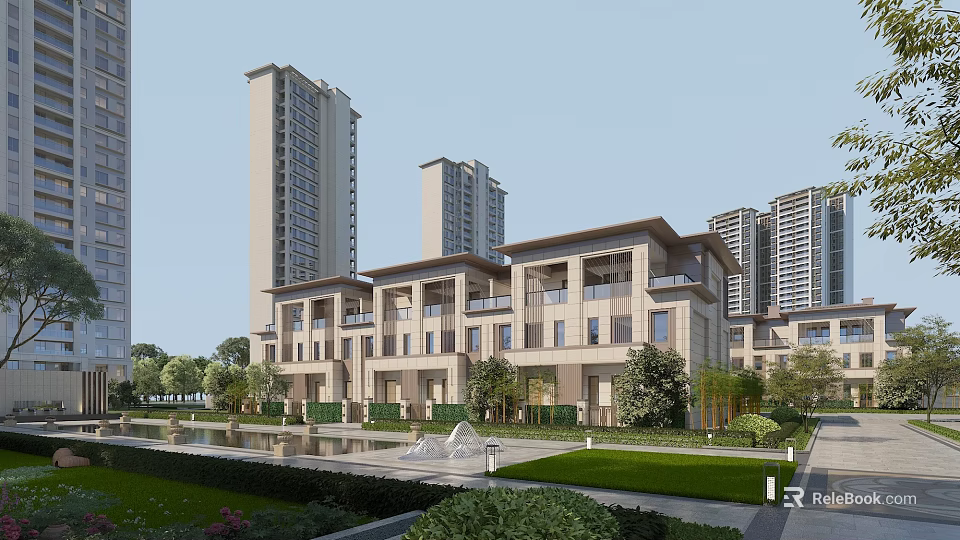 Modern Townhouse Exterior With Balconies Landscaped Lawn Trees And Water Feature 3d model 