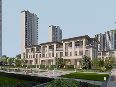 Modern Townhouse Exterior With Balconies Landscaped Lawn Trees And Water Feature 3d model