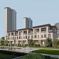 Modern Townhouse Exterior With Balconies Landscaped Lawn Trees And Water Feature