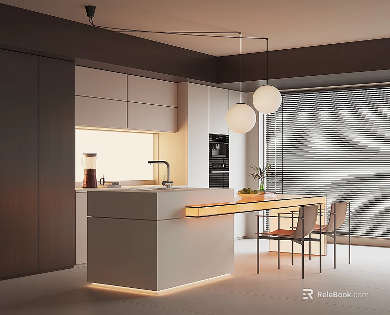 Modern Restaurant Kitchen Interior With Island Counter Dining Table Pendant Lights And Cabinets 3d model 