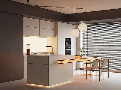 Modern Restaurant Kitchen Interior With Island Counter Dining Table Pendant Lights And Cabinets 3d model
