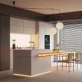 Modern Restaurant Kitchen Interior With Island Counter Dining Table Pendant Lights And Cabinets
