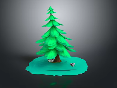Green Pine Tree with Layered Foliage on Light Green Base and Two Small Animals 3d model