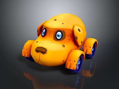 Yellow Dog Shaped Toy Car With Blue Eyes Brown Spots And Blue Wheels 3d model
