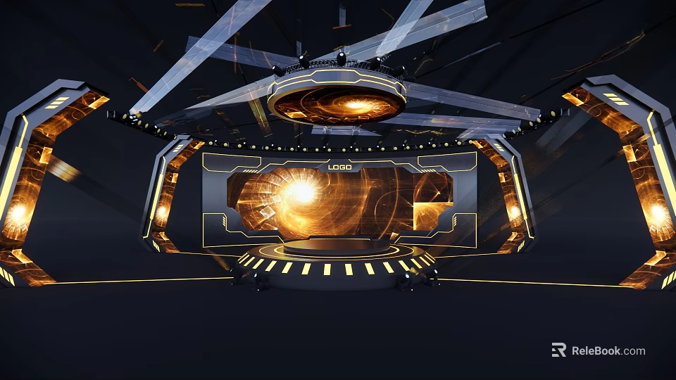 Modern High Tech Ballroom with Stage Lighting Gold Accents and Geometric Lines 3d model 