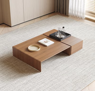 Modern Wooden Coffee Table With Tray Bottles Glasses Book And Plate In Living Room 3d model