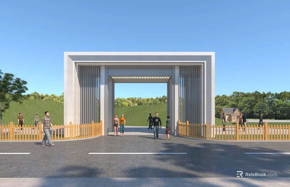 Modern Stone Entrance Gate With Wooden Fence And People Walking Near Green Trees 3d model 