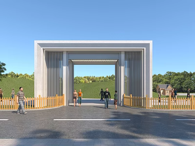 Modern Stone Entrance Gate With Wooden Fence And People Walking Near Green Trees 3d model