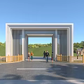 Modern Stone Entrance Gate With Wooden Fence And People Walking Near Green Trees