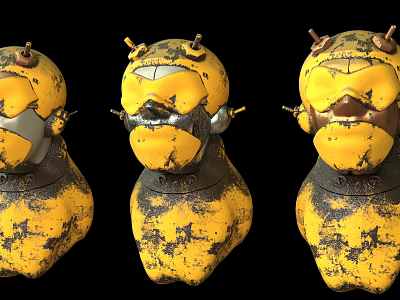 Three Vintage Style Yellow Smart Machines With Metallic Components And Spotted Surfaces 3d model