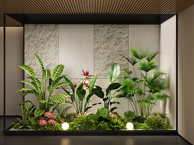 Lush Indoor Landscape with Monstera Palm Plants Stone Wall Backdrop and Floor Sphere Lights 3d model