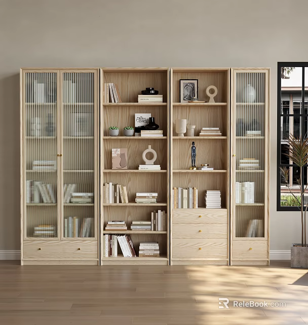 Modern Wooden Bookcase With Multiple Compartments Books Photo Frames And Decorative Vases 3d model 