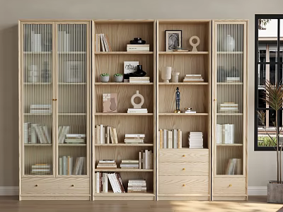Modern Wooden Bookcase With Multiple Compartments Books Photo Frames And Decorative Vases 3d model