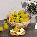 Fresh Ripe Pears in Wicker Basket with Sliced Pears and Roses Vase on Gray Tabletop