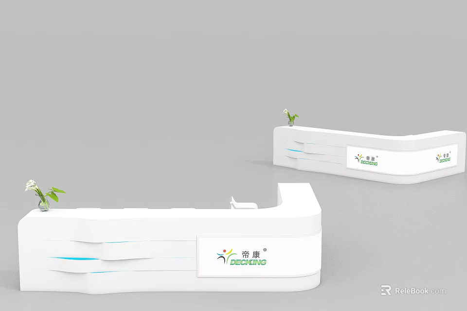 Modern White Reception Desk Design With Company Logo And Decorative Plants 3d model 