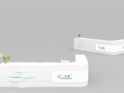 Modern White Reception Desk Design With Company Logo And Decorative Plants 3d model