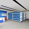 Smart Application Center Interior With Blue Shelves Storage Boxes And Signage On White Walls