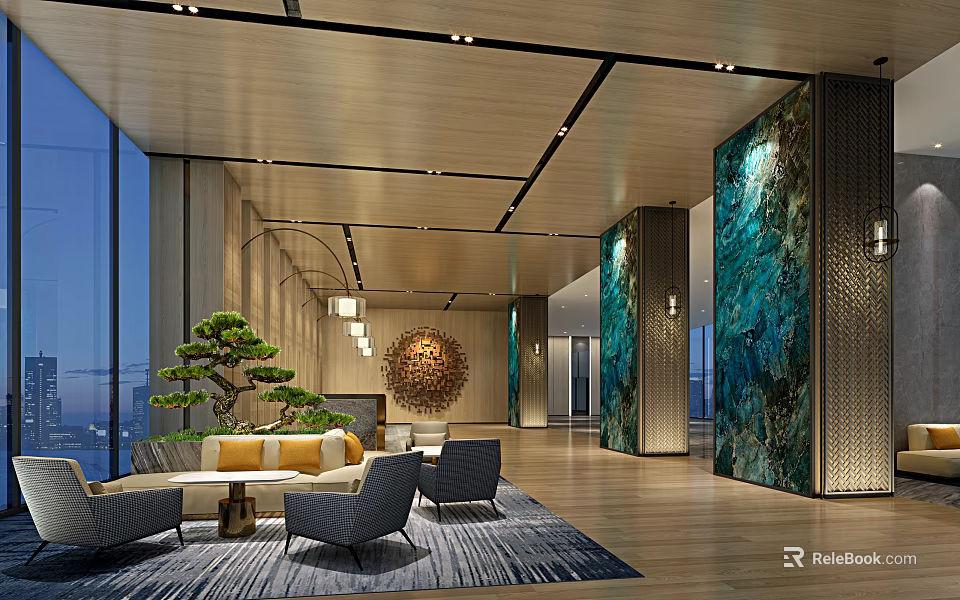 Elegant Modern Hotel Lobby Interior Design With Bonsai Tree Sofa Seating And Turquoise Wall Art 3d model 