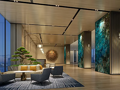 Elegant Modern Hotel Lobby Interior Design With Bonsai Tree Sofa Seating And Turquoise Wall Art 3d model