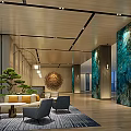 Elegant Modern Hotel Lobby Interior Design With Bonsai Tree Sofa Seating And Turquoise Wall Art