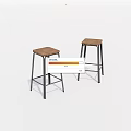 Two Modern Bar Stools With Wooden Seats And Black Metal Legs