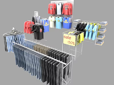 Clothing Racks Display Various Clothes T-shirts Shirts Pants And Sale 50% 3d model