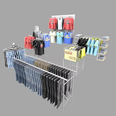 Clothing Racks Display Various Clothes T-shirts Shirts Pants And Sale 50% 3d model