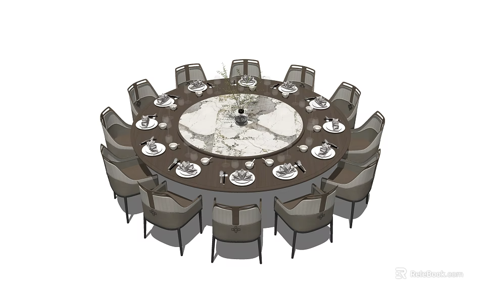 Round Dining Table Set With Matching Chairs And Elegant Tableware Centerpiece 3d model