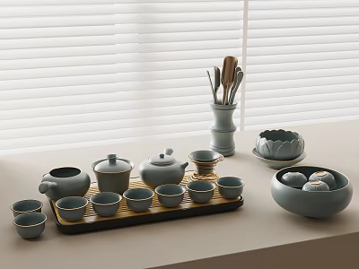 Ceramic Light Blue Tea Set with Teapot Teacups Tray and Spoon Container on Minimalist Table 3d model