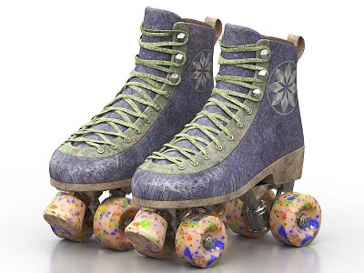 Purple Roller Skates with Green Laces and Colorful Spotted Wheels Snowflake Pattern 3d model