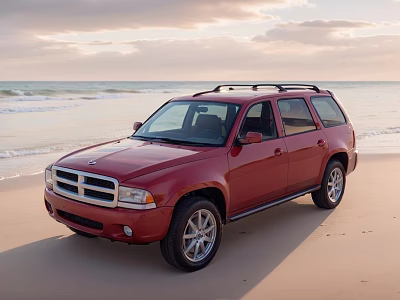 Red SUV Parked On Sandy Beach With Ocean And Sunset Sky 3d model