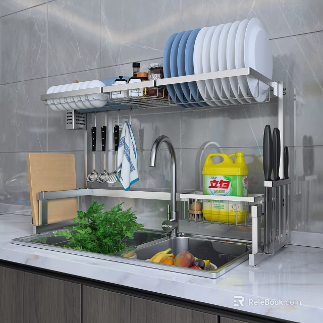 Stainless Steel Bathroom Cabinet Rack Above Sink With Dishes Knives And Cleaning Supplies Organizer 3d model 